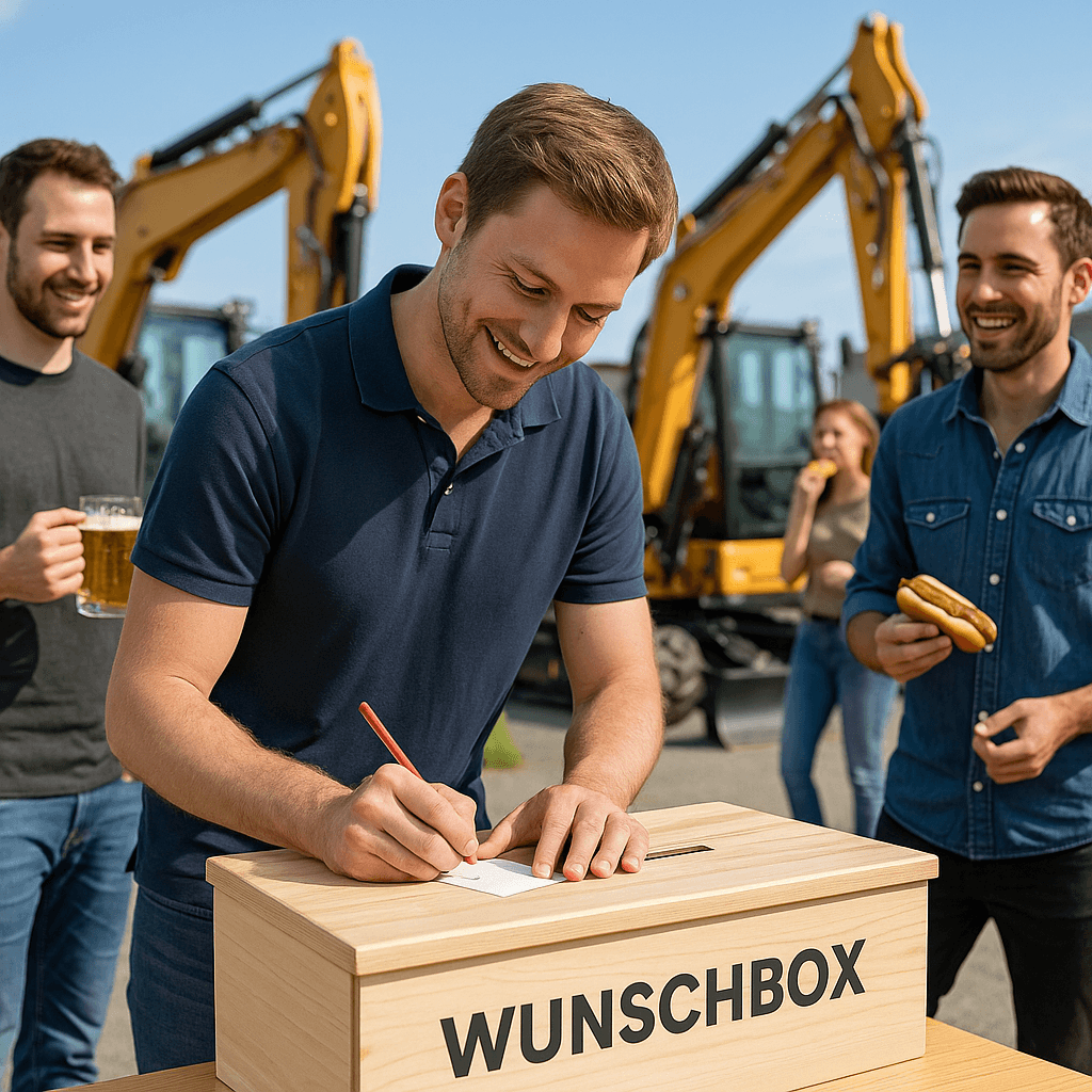 Lächelnder Mann in dunkelblauem Poloshirt schreibt auf Papier an einer Holzkiste mit der Aufschrift "WUNSCHBOX", während Kollegen mit Getränken und Essen im Hintergrund bei gelben Baggern auf einem Betriebshof stehen.